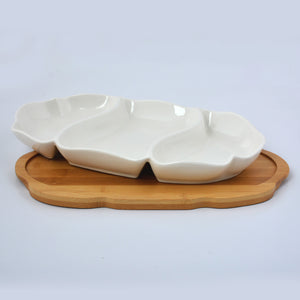 3 Section Serving Dish With Wooden Base