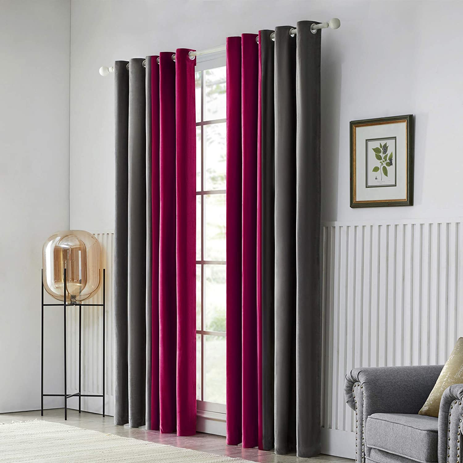 Pair of Plain Velvet Curtain Maroon Grey Combo