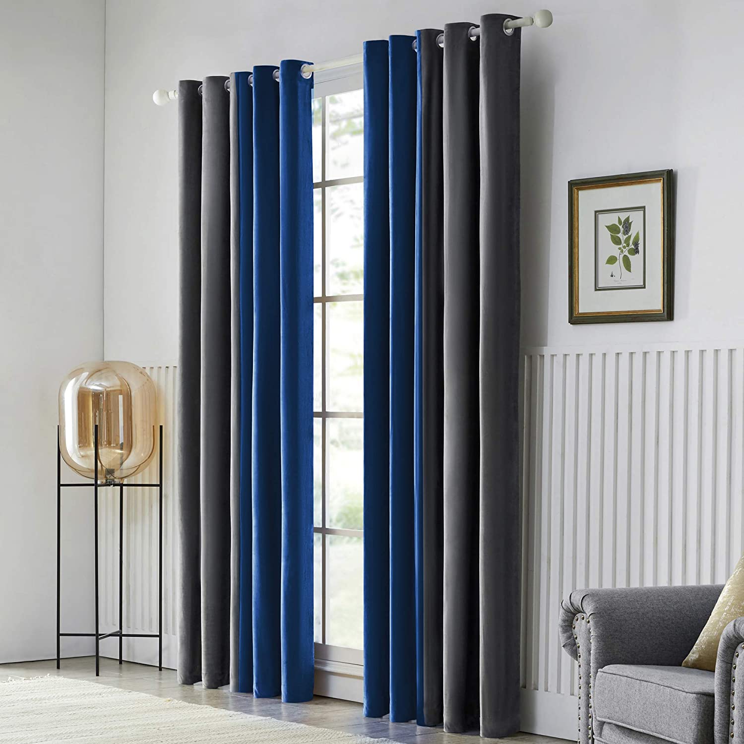 Pair of Plain Velvet Curtain Blue Grey Combo