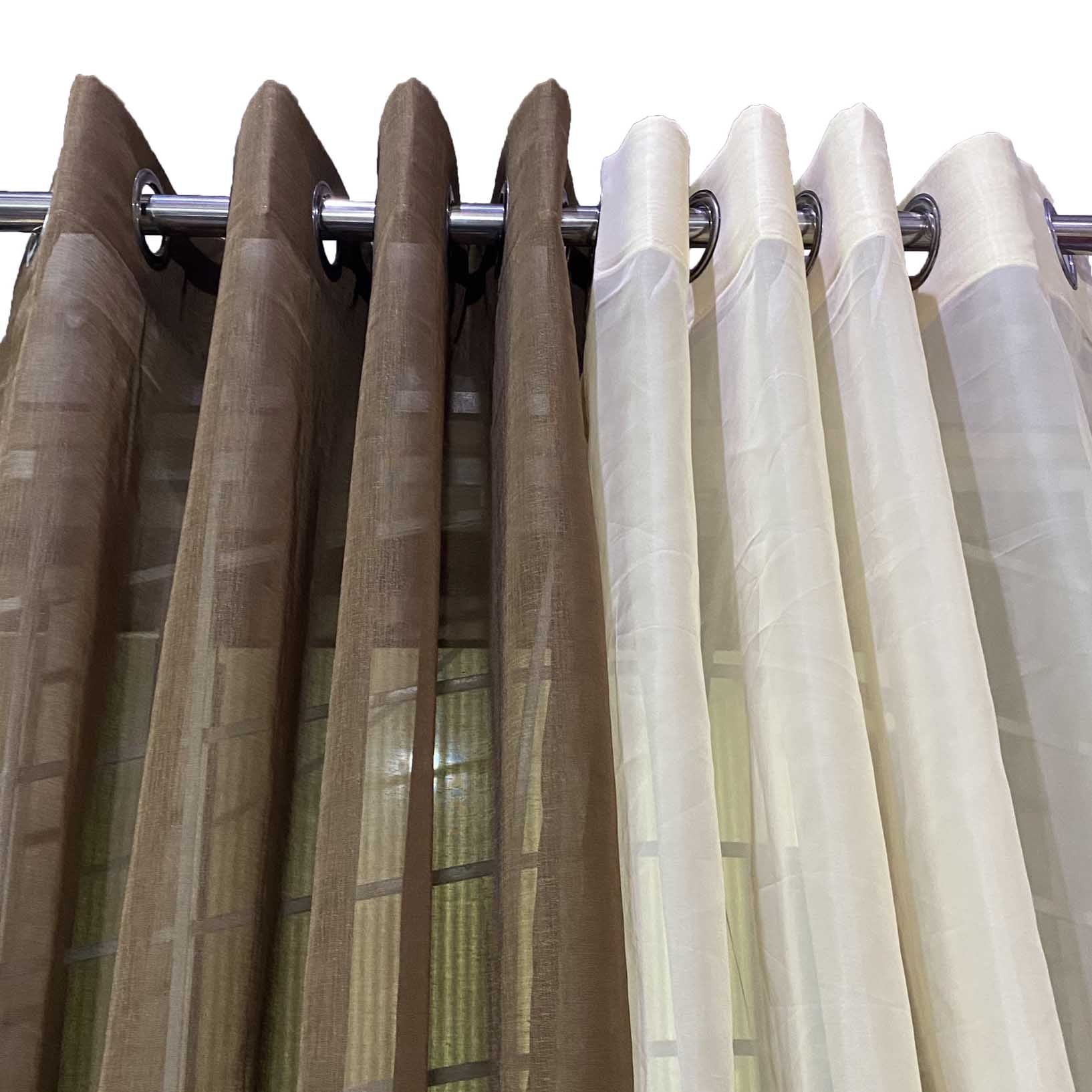 Pair of Combination Net Sheer Chiffon Curtains brown and Offwhite