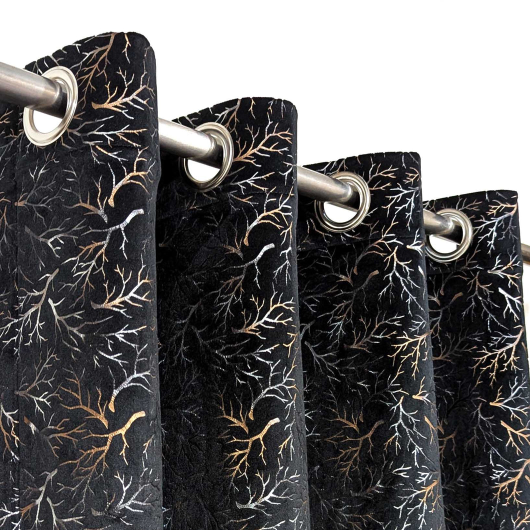 Golden Textured Velvet Curtain Black