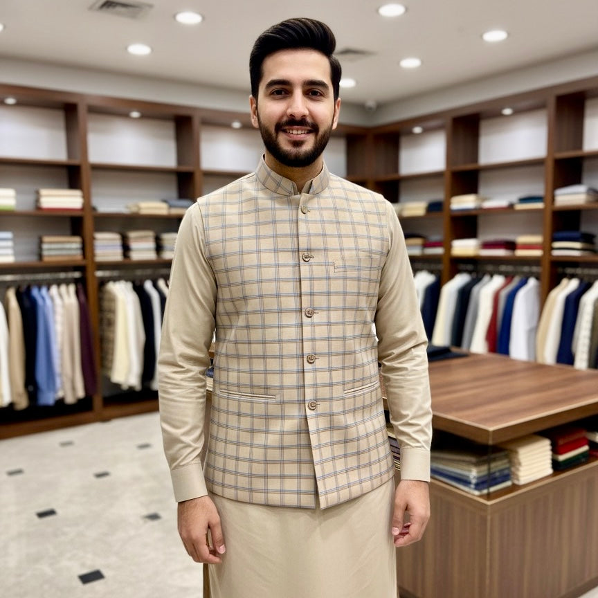 Beige Checked Un-Stitched