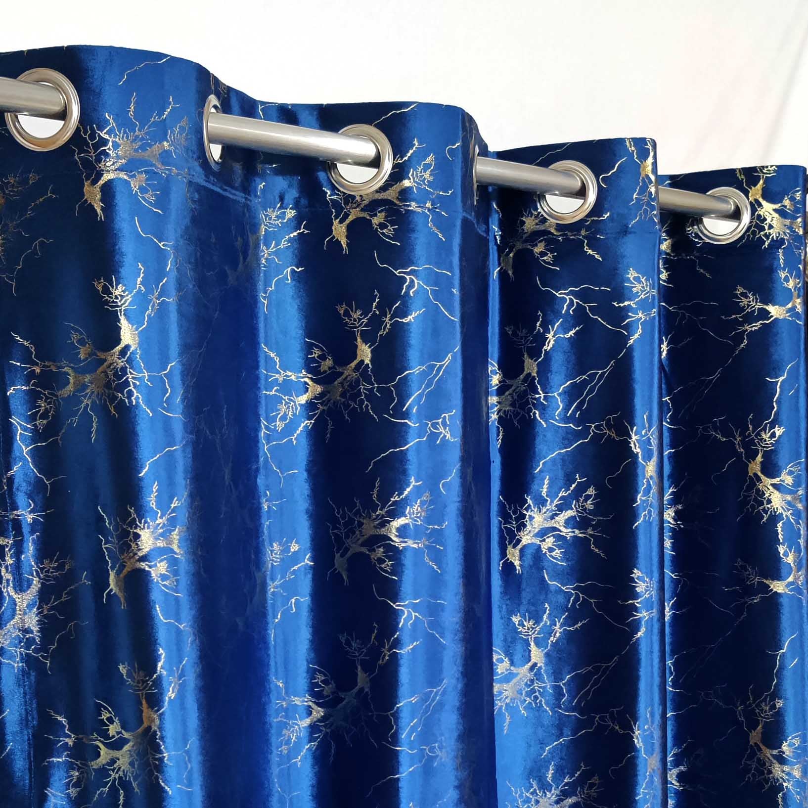 Golden Textured Velvet Curtain Blue