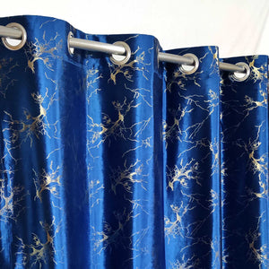 Golden Textured Velvet Curtain Blue