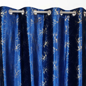 Golden Textured Velvet Curtain Blue