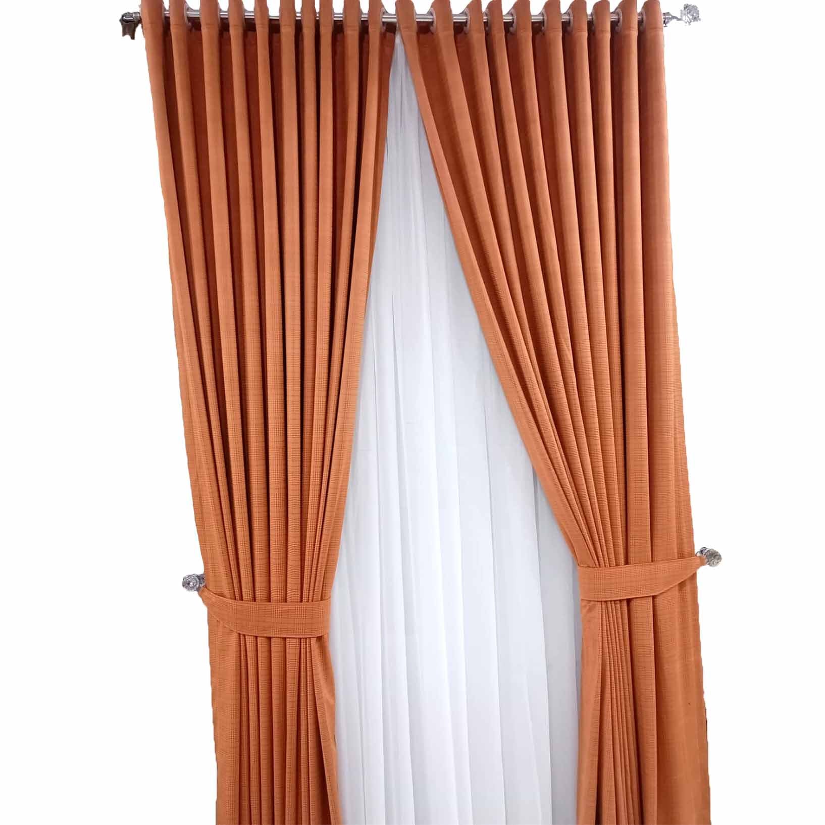 Pair of Self Checkered Velvet Curtains Lite Orange With Tie Belts