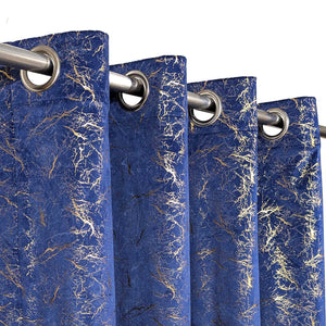 Golden Textured Velvet Curtain Blue