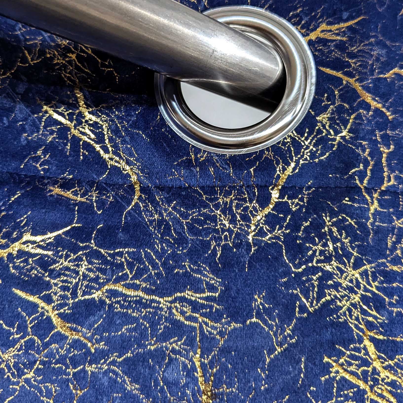 Golden Textured Velvet Curtain Blue