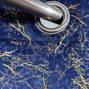 Golden Textured Velvet Curtain Blue