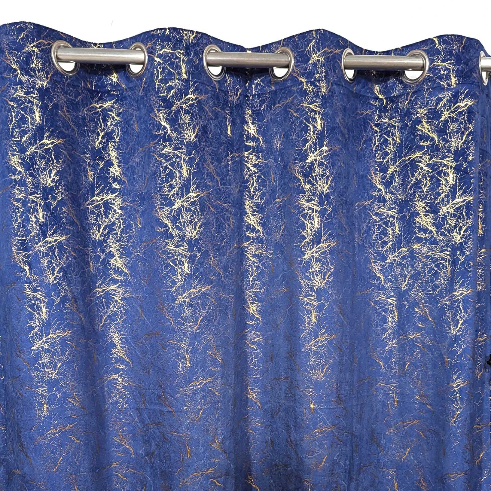 Golden Textured Velvet Curtain Blue