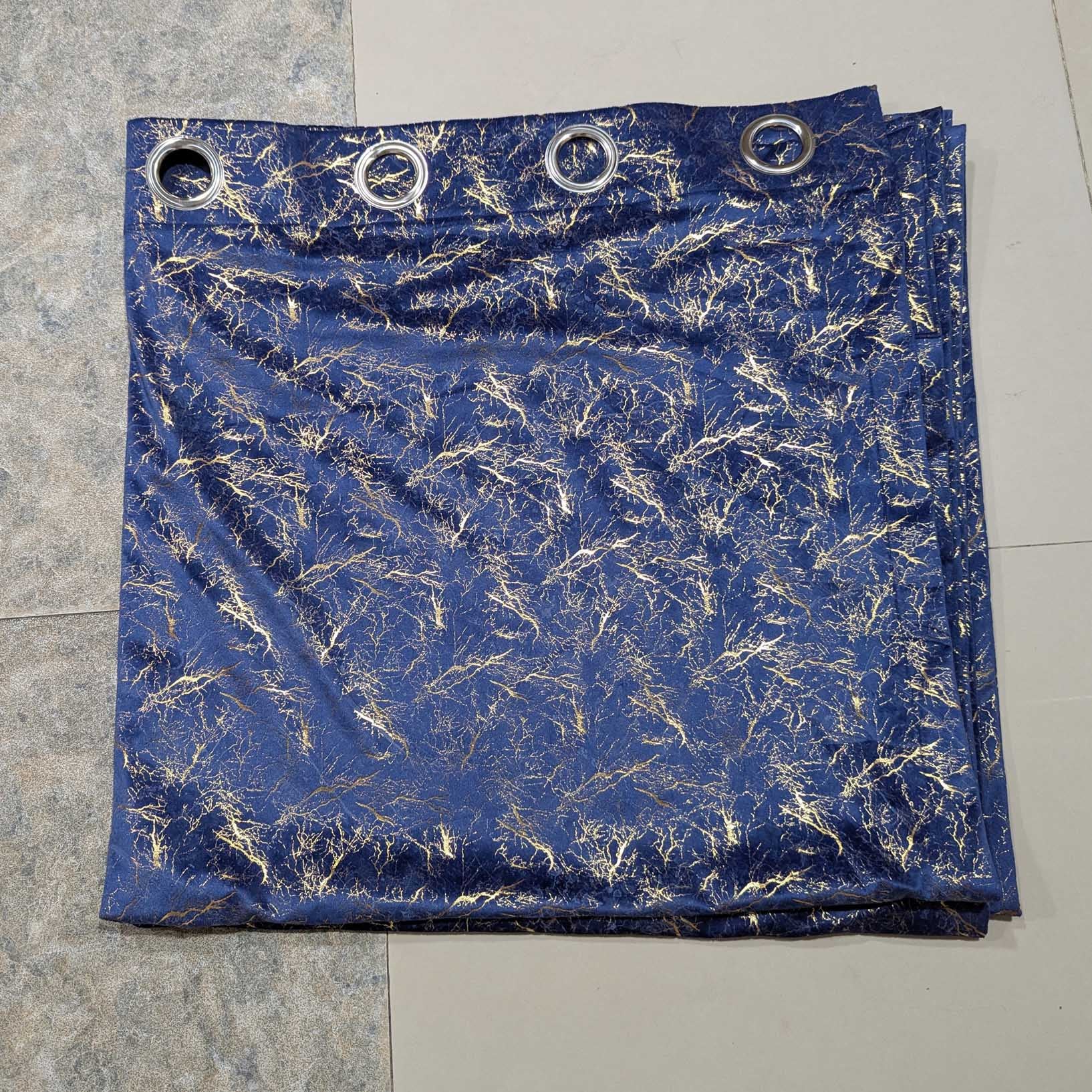 Golden Textured Velvet Curtain Blue
