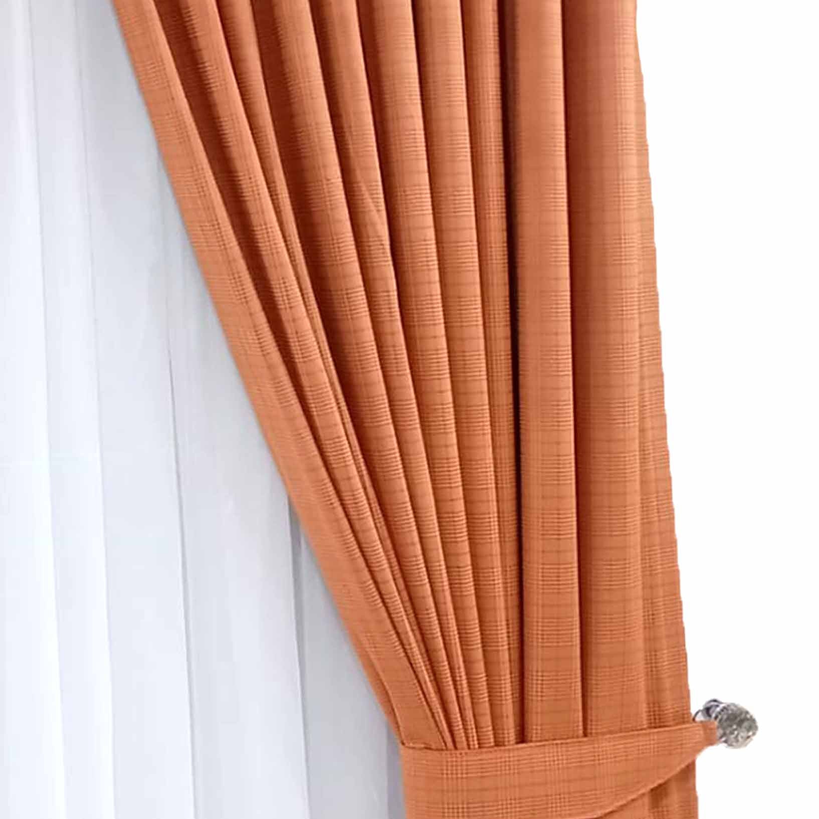 Pair of Self Checkered Velvet Curtains Lite Orange With Tie Belts