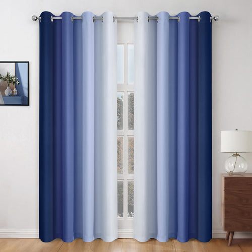 Pair of 2 Shaded Curtains Blue Ombre (Gradient Room Darkening Thermal Insulated Energy Saving Grommet Drapes for Living Room/Bedroom)