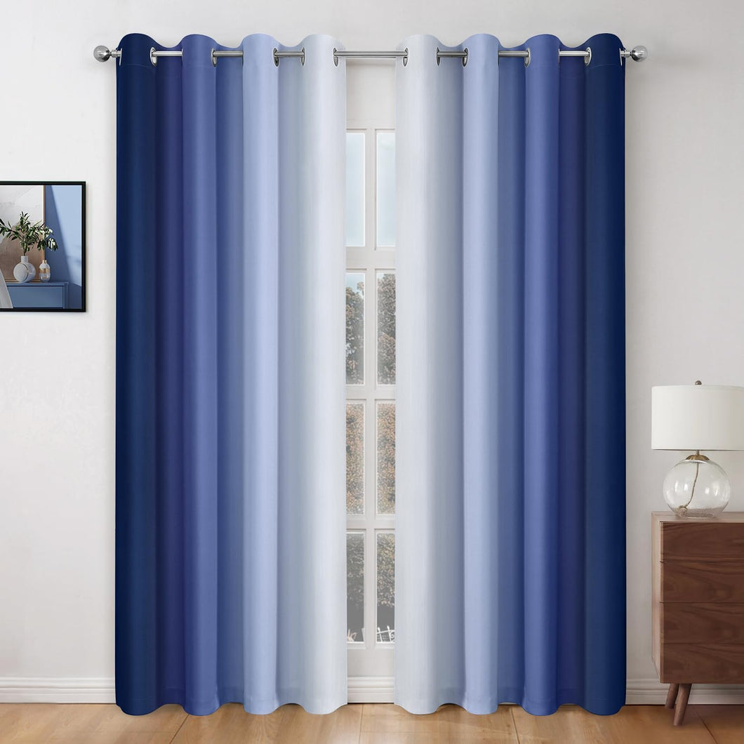 Pair of 2 Shaded Curtains Blue Ombre (Gradient Room Darkening Thermal Insulated Energy Saving Grommet Drapes for Living Room/Bedroom)