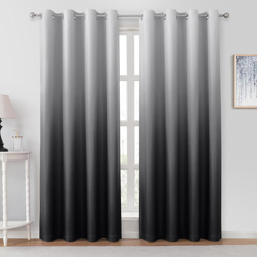 Pair of 2 Shaded Curtains Black Ombre (Gradient Room Darkening Thermal Insulated Energy Saving Grommet Drapes for Living Room/Bedroom)