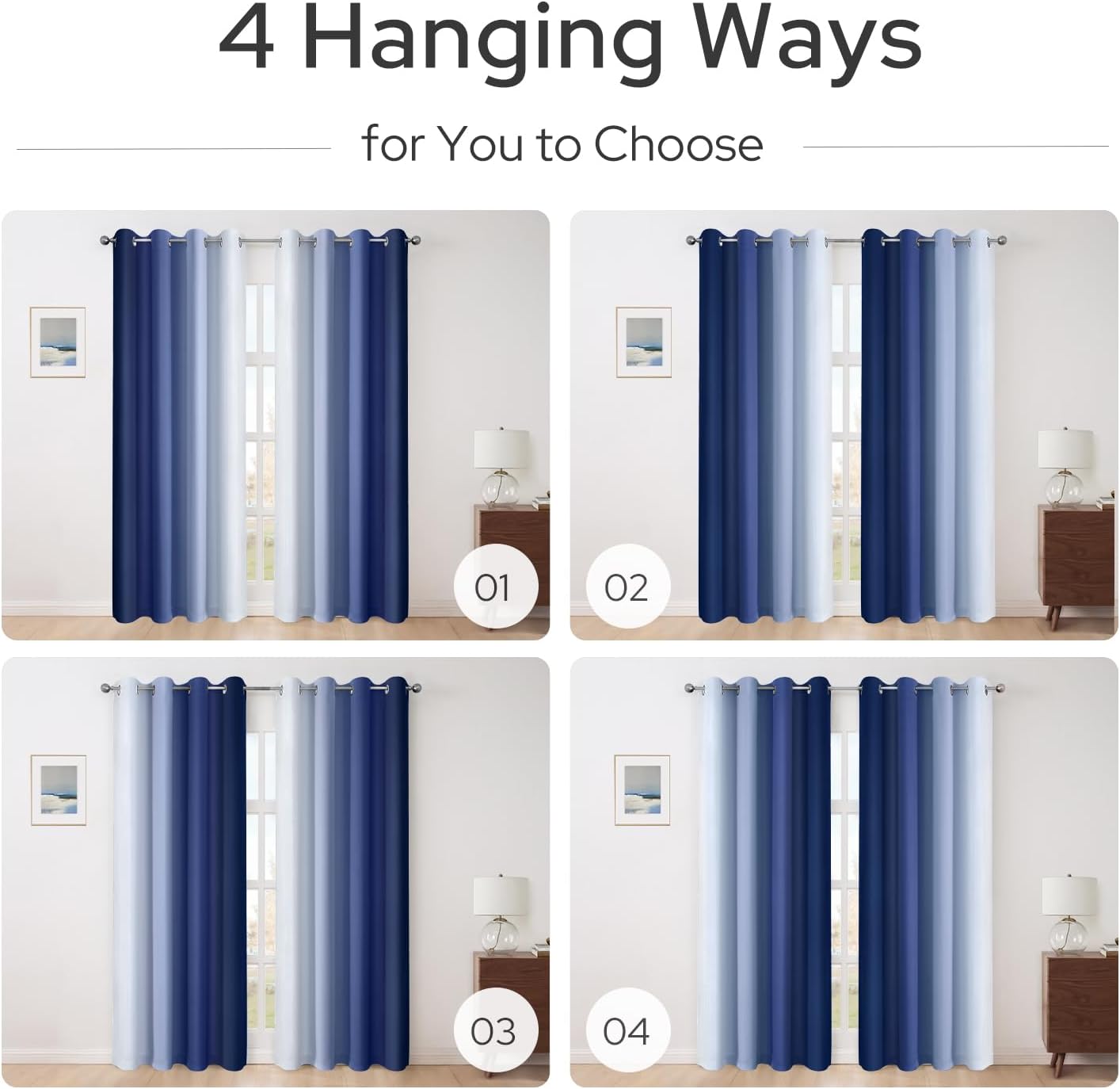 Pair of 2 Shaded Curtains Blue Ombre (Gradient Room Darkening Thermal Insulated Energy Saving Grommet Drapes for Living Room/Bedroom)