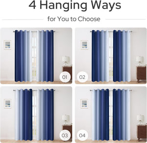 Pair of 2 Shaded Curtains Blue Ombre (Gradient Room Darkening Thermal Insulated Energy Saving Grommet Drapes for Living Room/Bedroom)