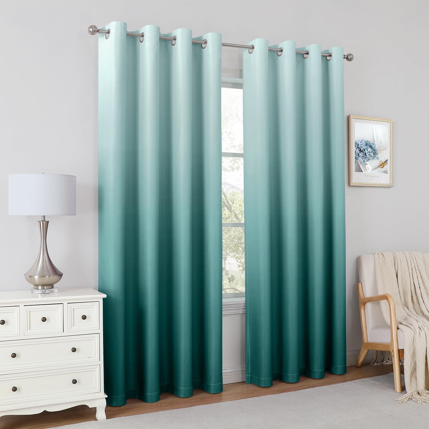 Pair of 2 Shaded Curtains Teal Ombre (Gradient Room Darkening Thermal Insulated Energy Saving Grommet Drapes for Living Room/Bedroom)