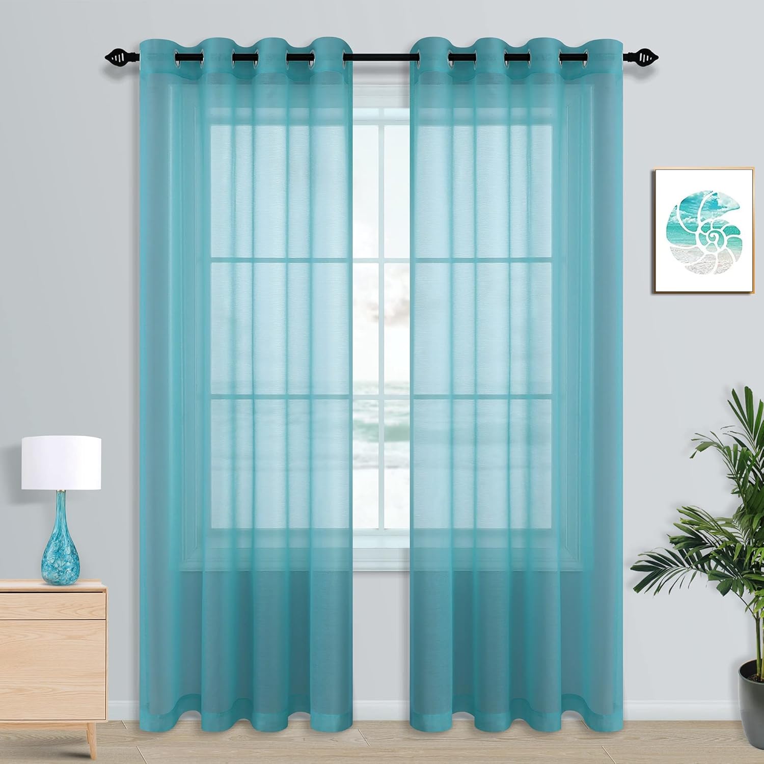 Pair of Teal Sheer Curtains for Living Room Bedroom Custom Length
