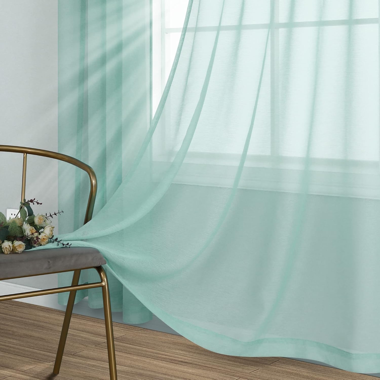 Pair of Aqua Sheer Curtains for Living Room Bedroom Custom Length