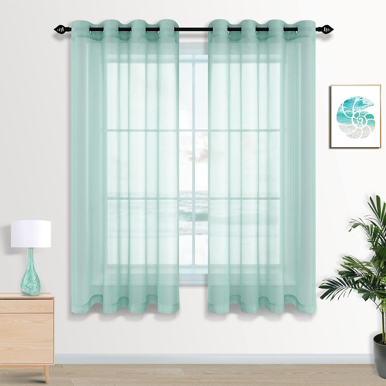 Pair of Aqua Sheer Curtains for Living Room Bedroom Custom Length