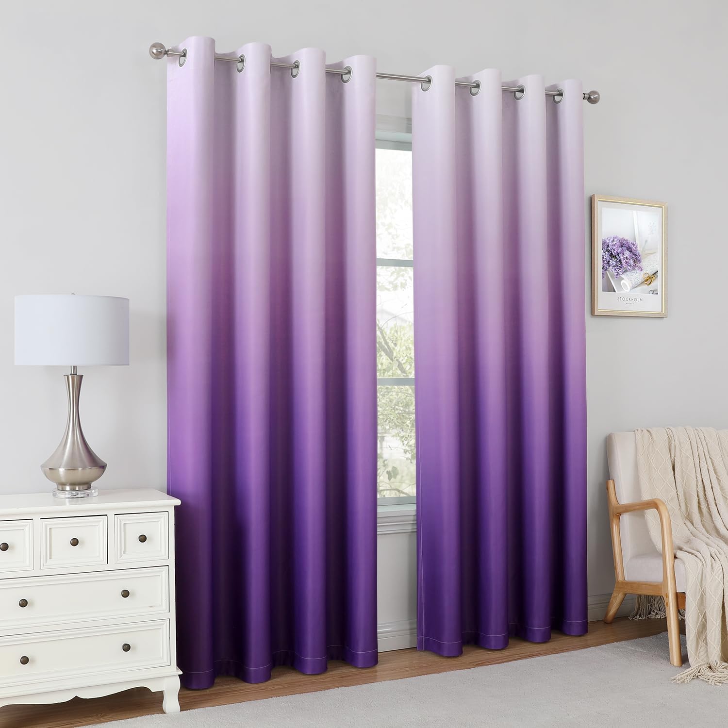 Pair of 2 Shaded Curtains Purple Ombre (Gradient Room Darkening Thermal Insulated Energy Saving Grommet Drapes for Living Room/Bedroom)
