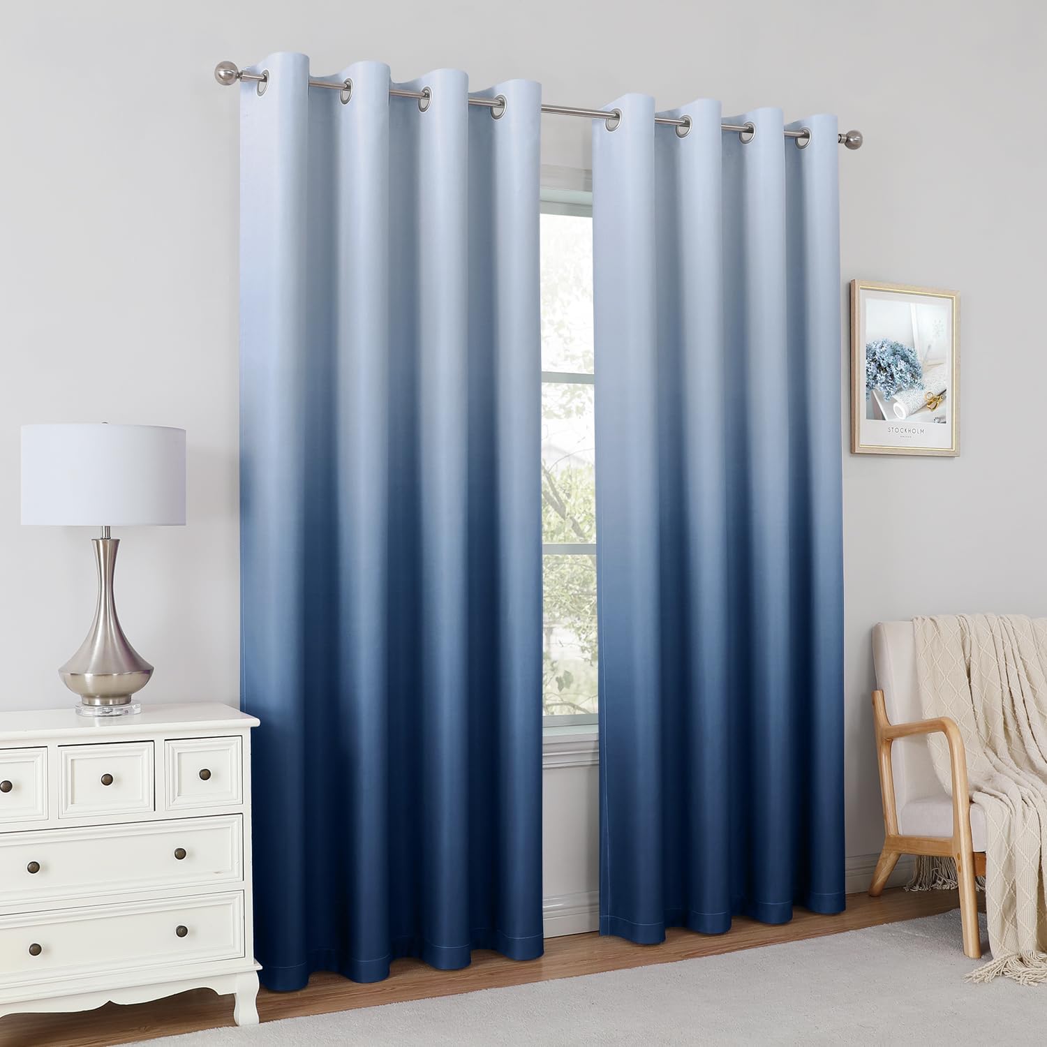 Pair of 2 Shaded Curtains Blue Ombre (Gradient Room Darkening Thermal Insulated Energy Saving Grommet Drapes for Living Room/Bedroom)