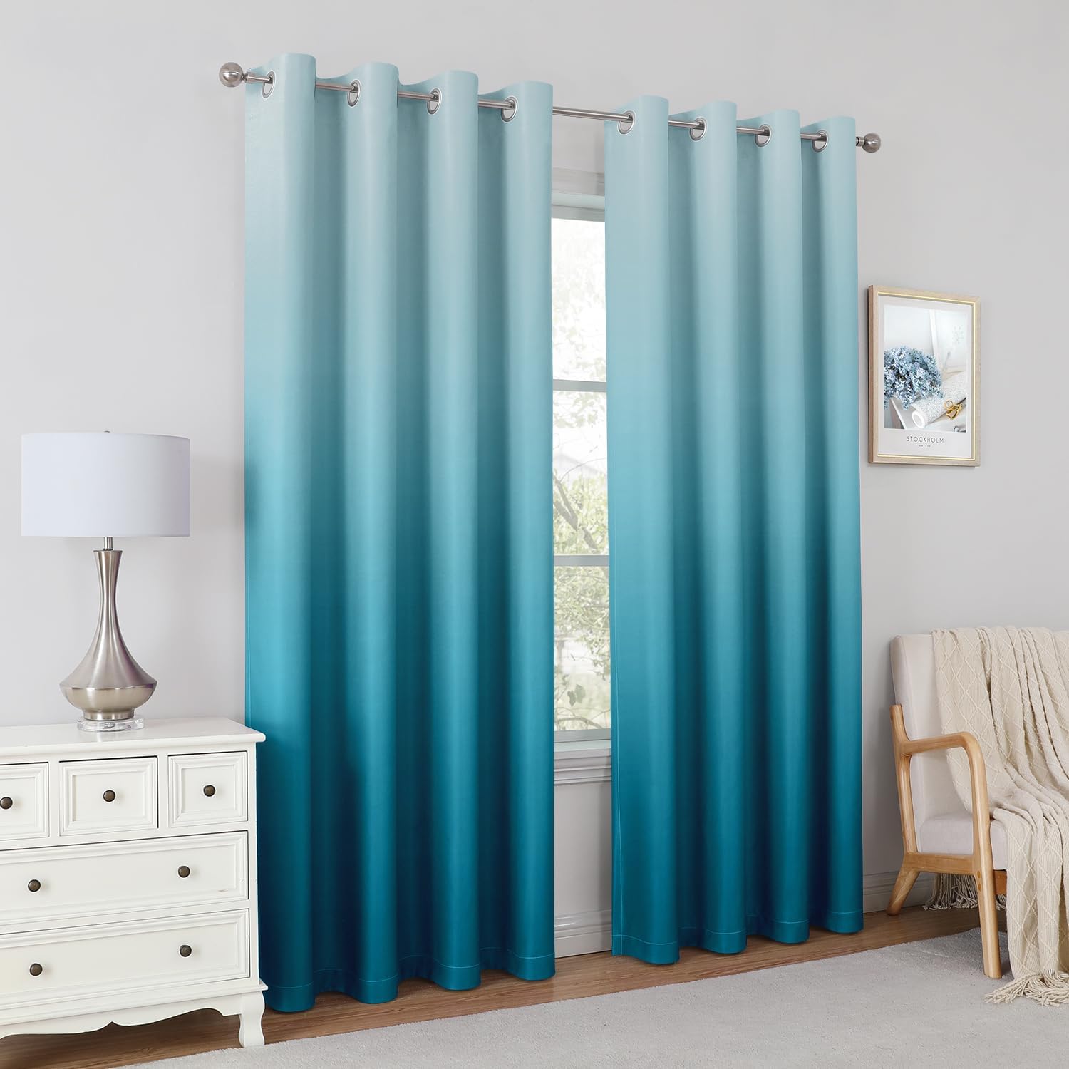 Pair of 2 Shaded Curtains Terquise Ombre (Gradient Room Darkening Thermal Insulated Energy Saving Grommet Drapes for Living Room/Bedroom)