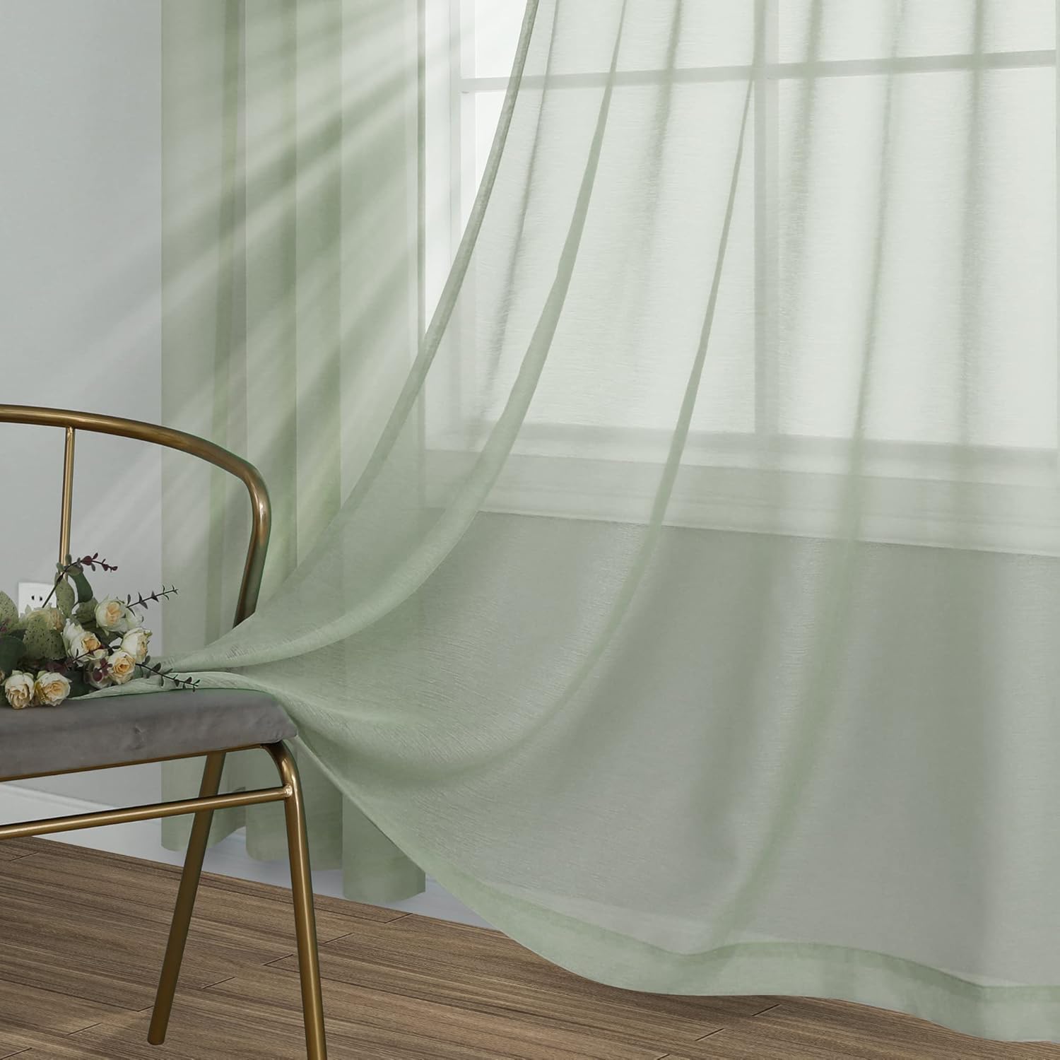 Pair of Sage Green Sheer Curtains for Living Room Bedroom Custom Length