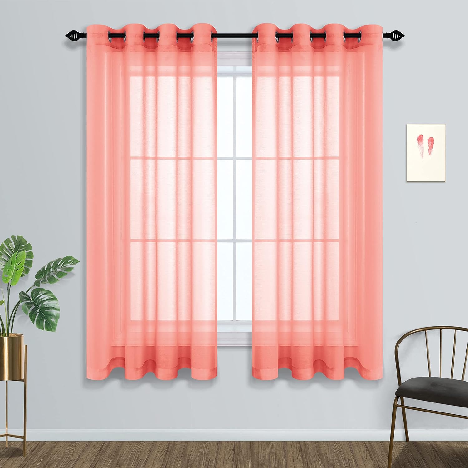 Pair of Dusty Coral Sheer Curtains for Living Room Bedroom Custom Length