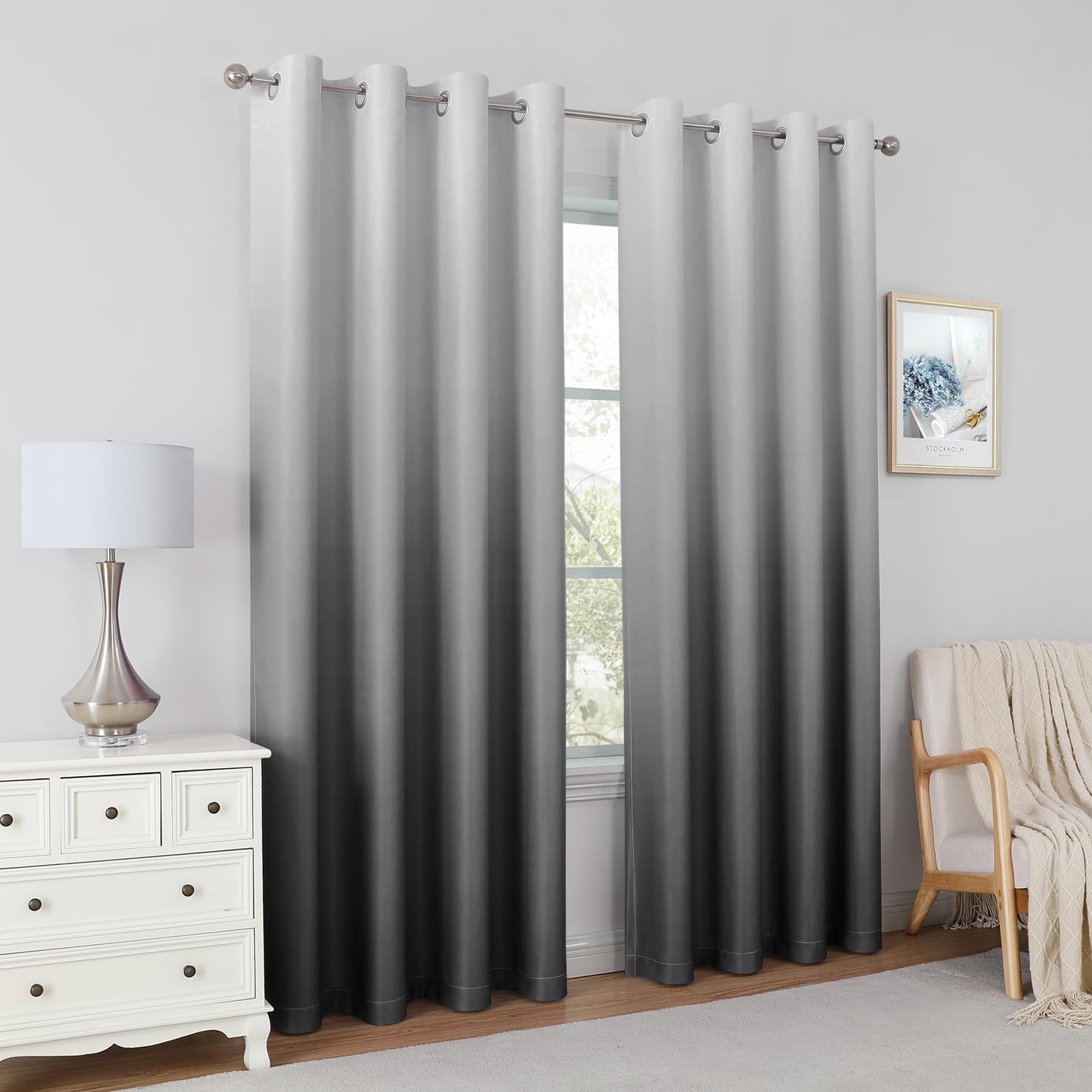 Pair of 2 Shaded Curtains Grey Ombre (Gradient Room Darkening Thermal Insulated Energy Saving Grommet Drapes for Living Room/Bedroom)