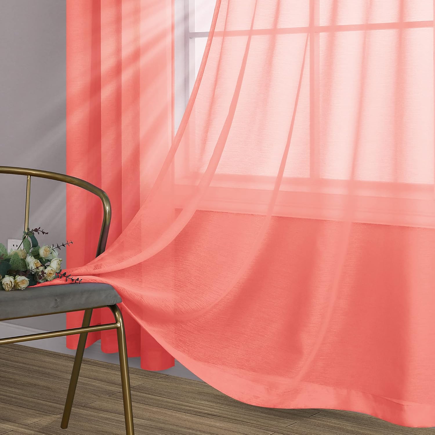 Pair of Dusty Coral Sheer Curtains for Living Room Bedroom Custom Length
