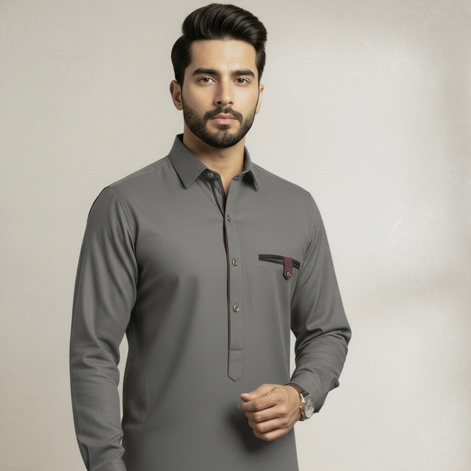 Olive Grey Designer’s Shalwar Kameez Stitched