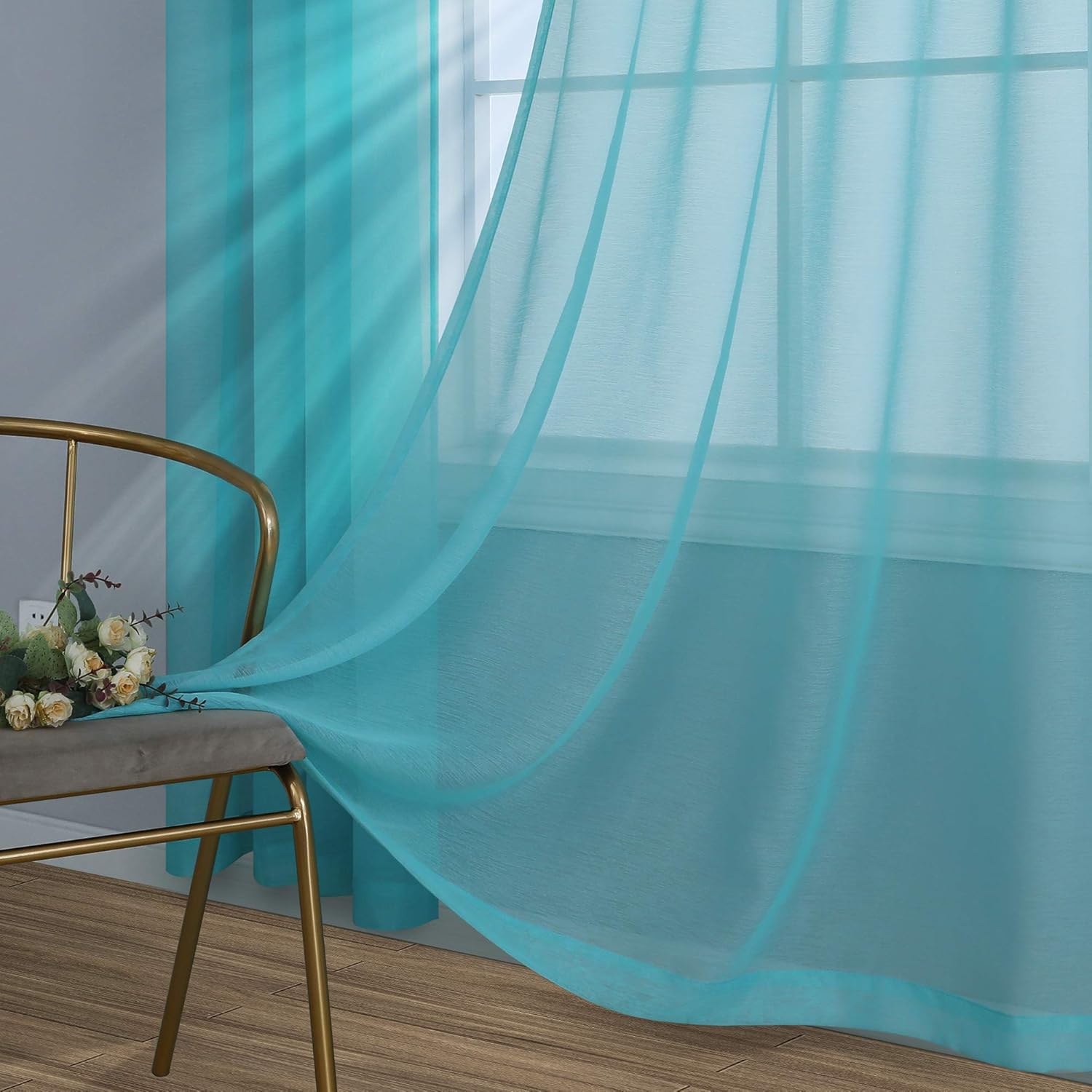 Pair of Teal Sheer Curtains for Living Room Bedroom Custom Length
