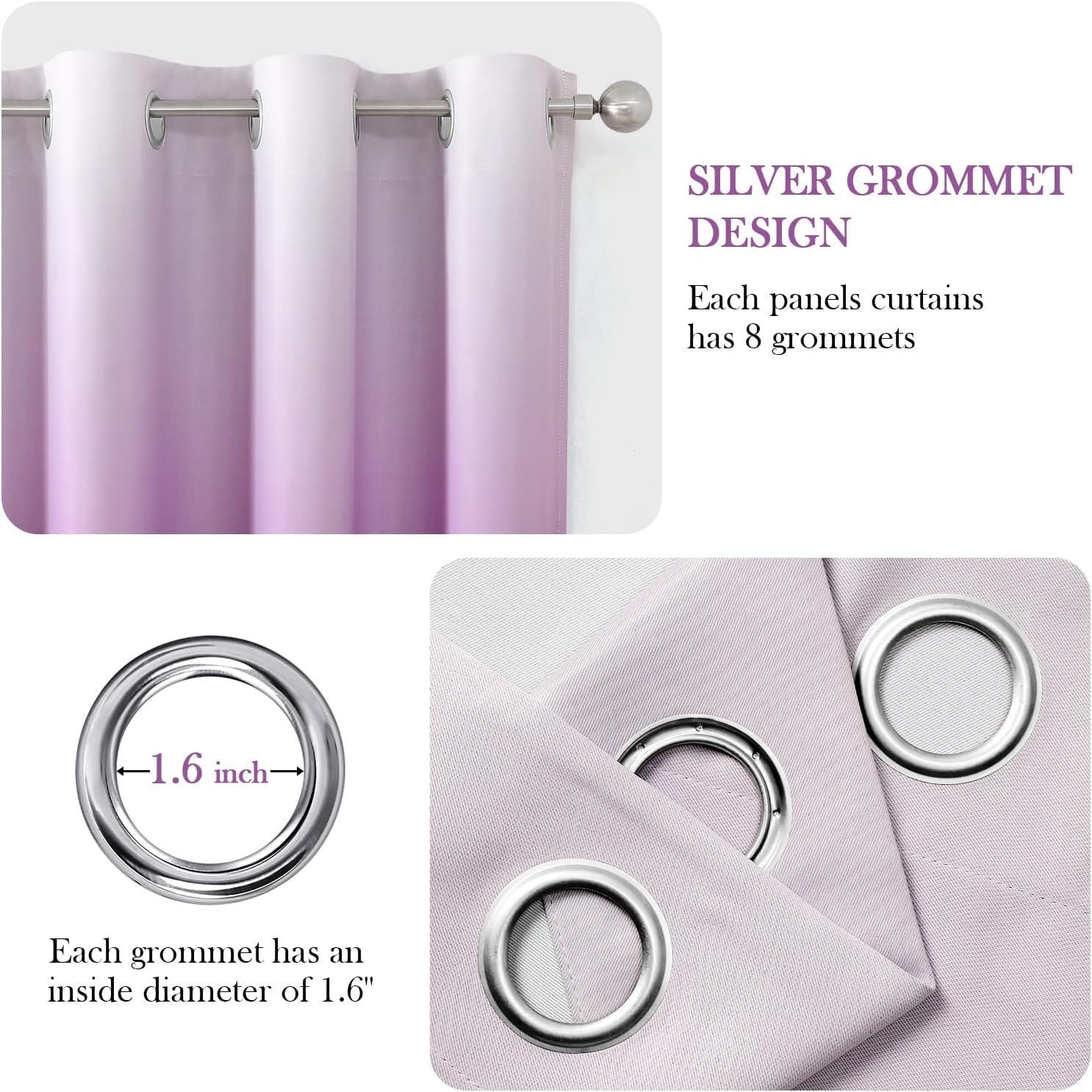 Pair of 2 Shaded Curtains Purple Ombre (Gradient Room Darkening Thermal Insulated Energy Saving Grommet Drapes for Living Room/Bedroom)