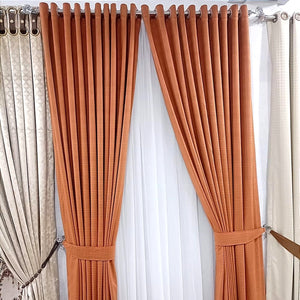 Pair of Self Checkered Velvet Curtains Lite Orange With Tie Belts