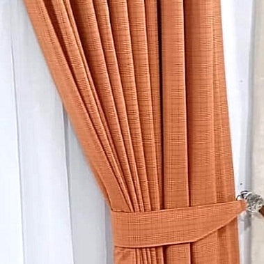 Pair of Self Checkered Velvet Curtains Lite Orange With Tie Belts