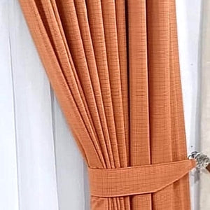 Pair of Self Checkered Velvet Curtains Lite Orange With Tie Belts