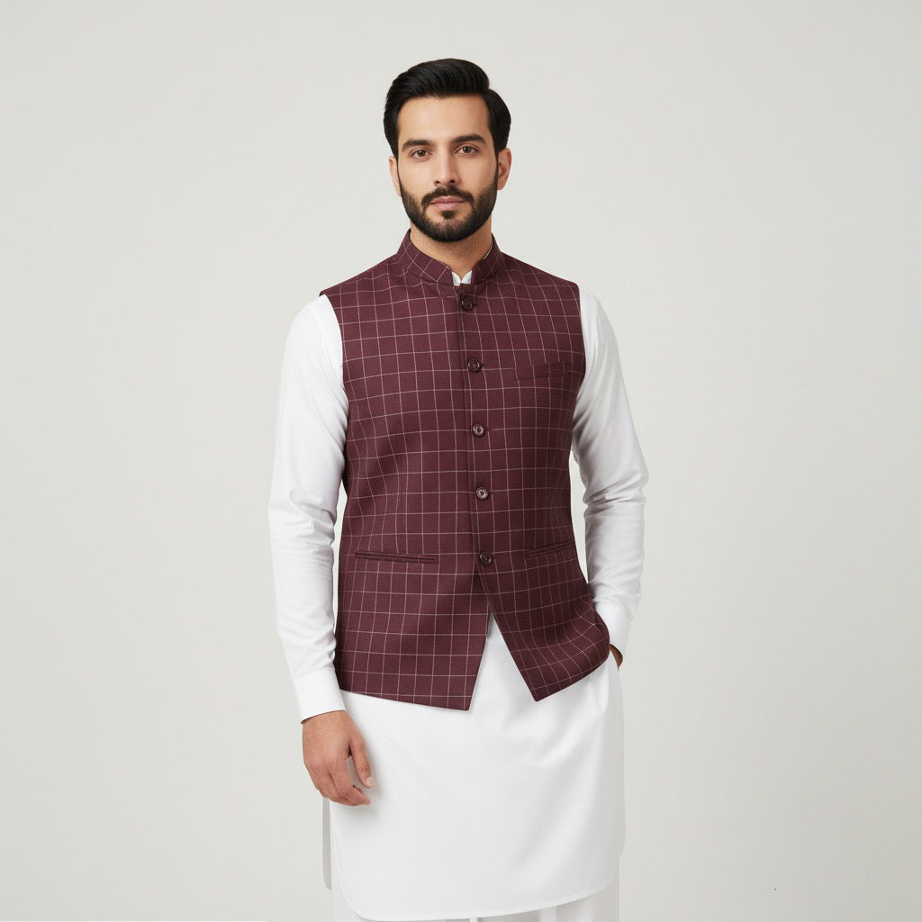 Burgundy Checked Un-Stitched