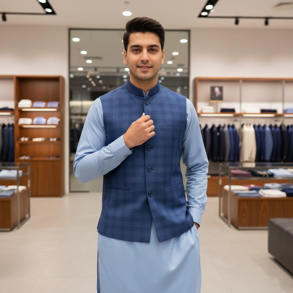 Royal Blue Checked Pattern Un-Stitched