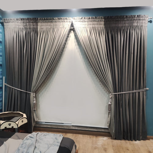 Pair of Luxury Combination Velvet Curtains With Tie Belts and Beads