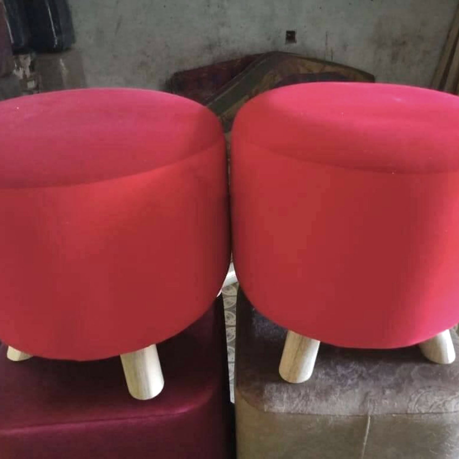 Pair of Plain Velvet Ottoman Stool Red (Discounted)