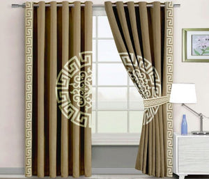 Pair of Laser Cutwork Versace Velvet Curtains Off-White on Lite Brown With Tie Belts