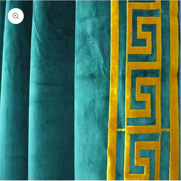 Pair of Laser Cutwork Versace Velvet Curtains Golden On Green With Tie Belts