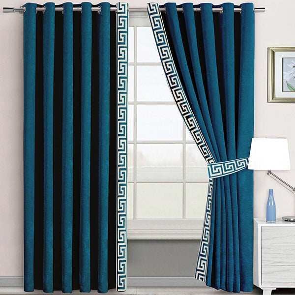 Pair of Laser Cutwork Versace Border Velvet Curtains White on Teal Green With Tie Belts