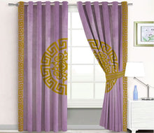 Pair of Laser Cutwork Versace Velvet Curtains Lite Brown on Lite Purple With Tie Belts
