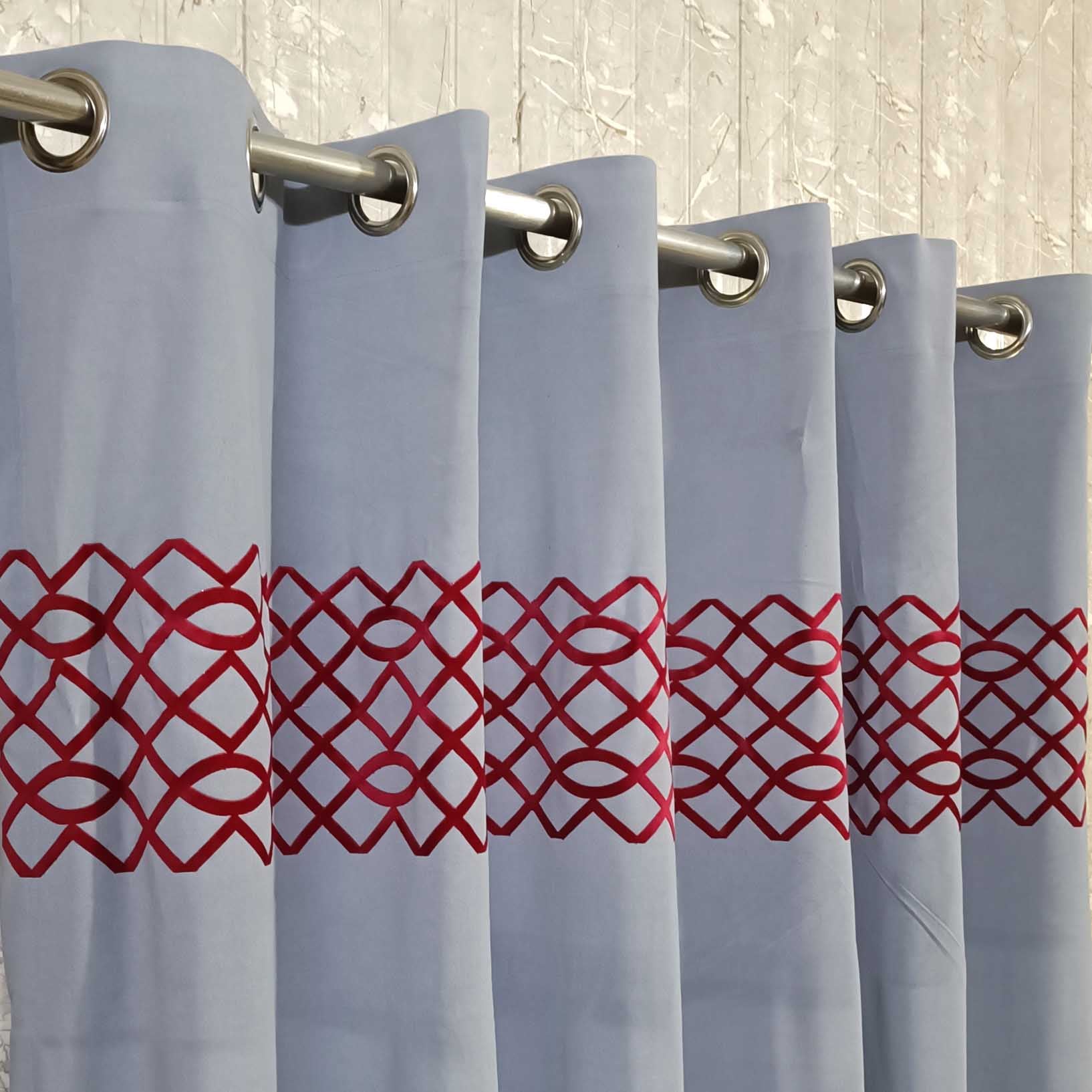 Pair of Laser Cutwork Motif Border Velvet Curtains Maroon on Grey With Tie Belts