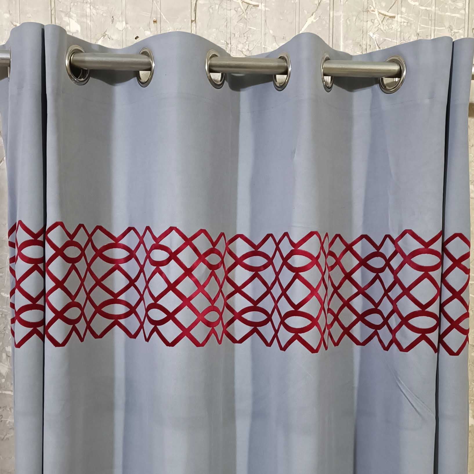 Pair of Laser Cutwork Motif Border Velvet Curtains Maroon on Grey With Tie Belts