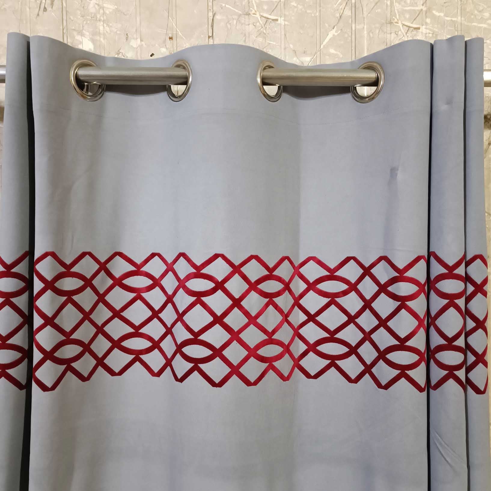 Pair of Laser Cutwork Motif Border Velvet Curtains Maroon on Grey With Tie Belts