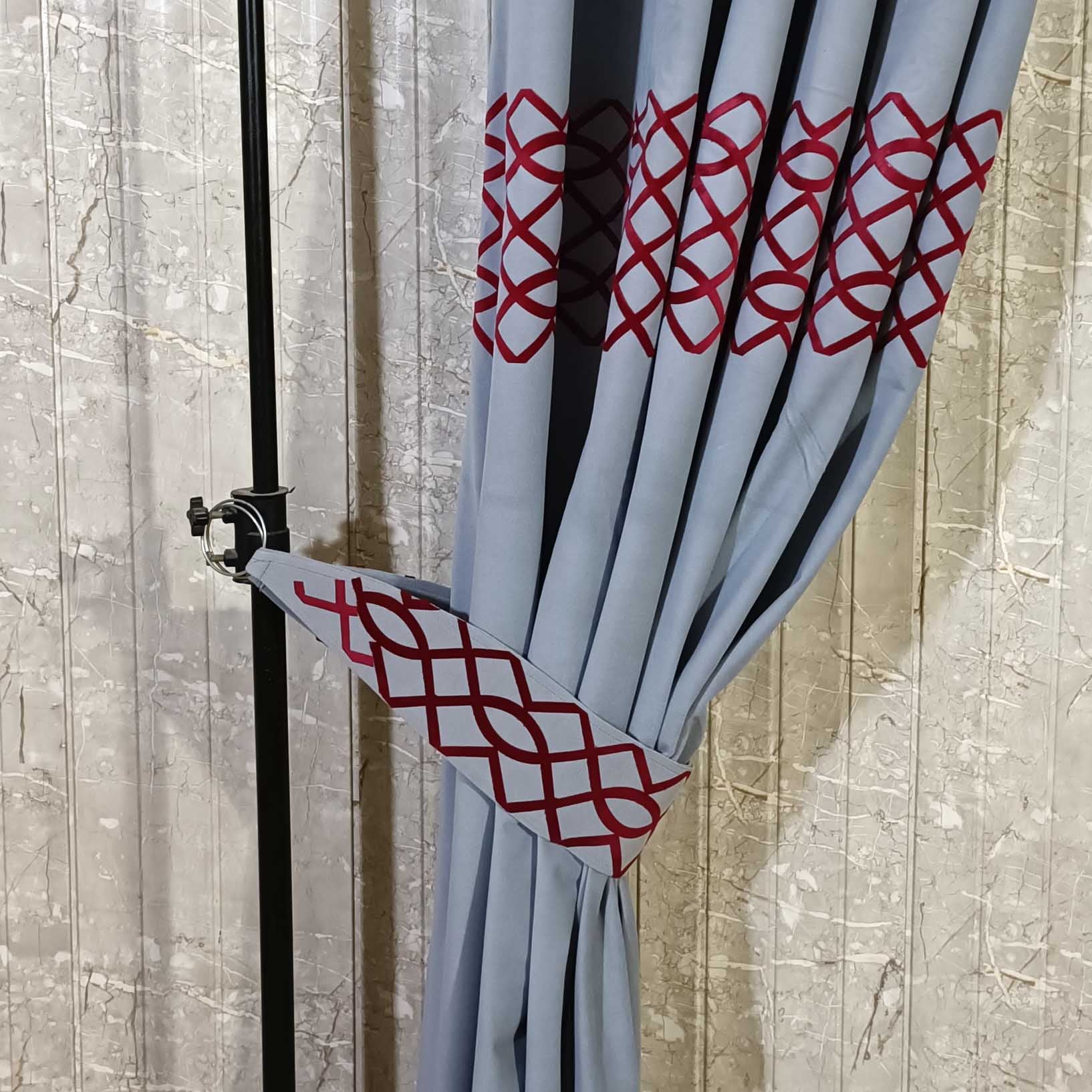 Pair of Laser Cutwork Motif Border Velvet Curtains Maroon on Grey With Tie Belts